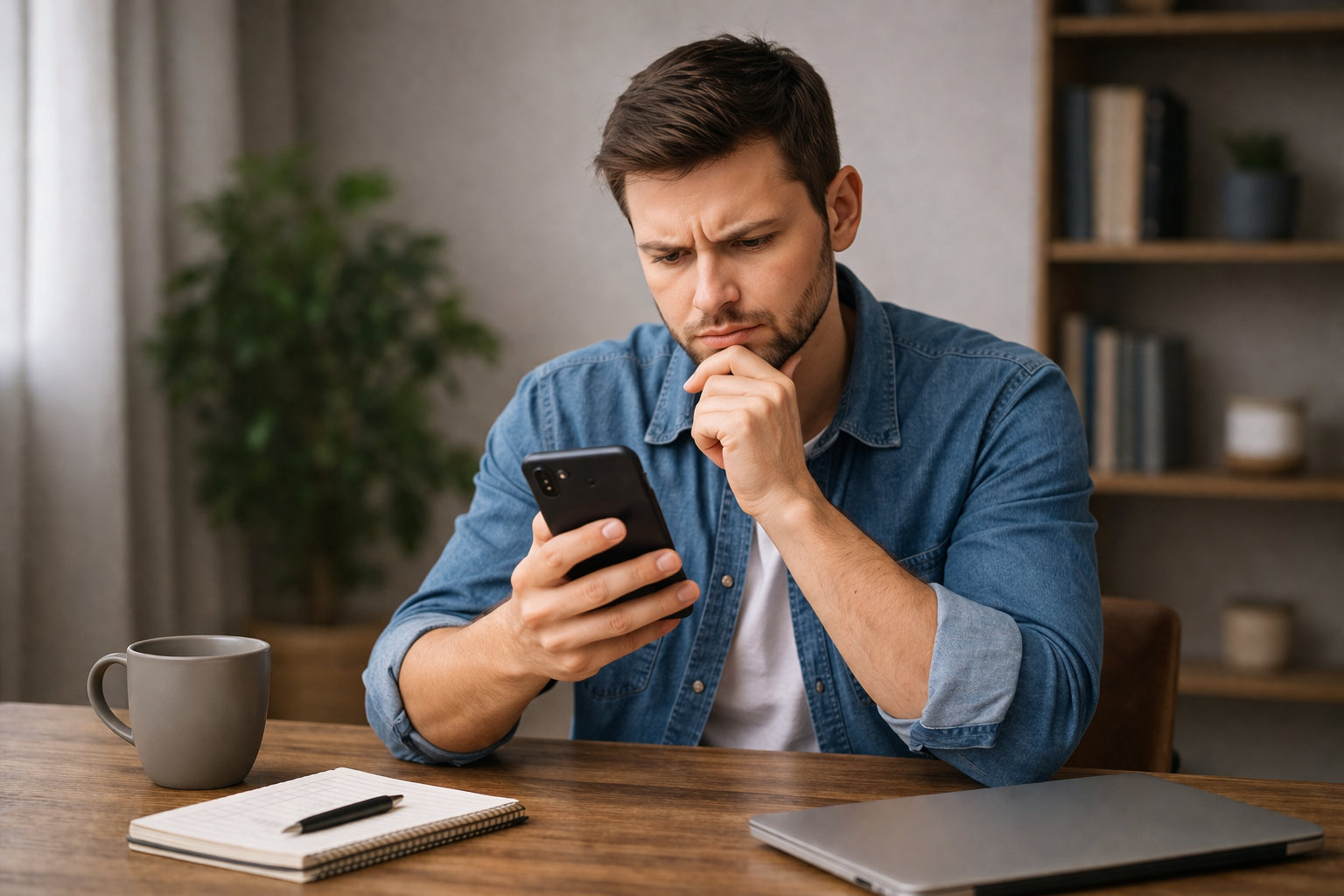 mezczyzna-siedzi-przy-stole-i-patrzy-na-telefon-zamyslony-w-domowym-biurze