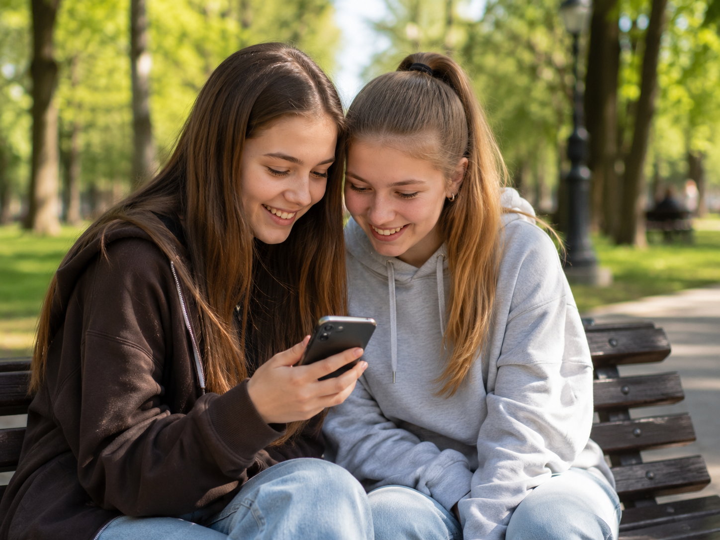 dwie-nastolatki-siedza-na-lawce-w-parku-i-usmiechniete-patrza-na-smartfon-w-sloneczny-dzien-na-swiezym-powietrzu