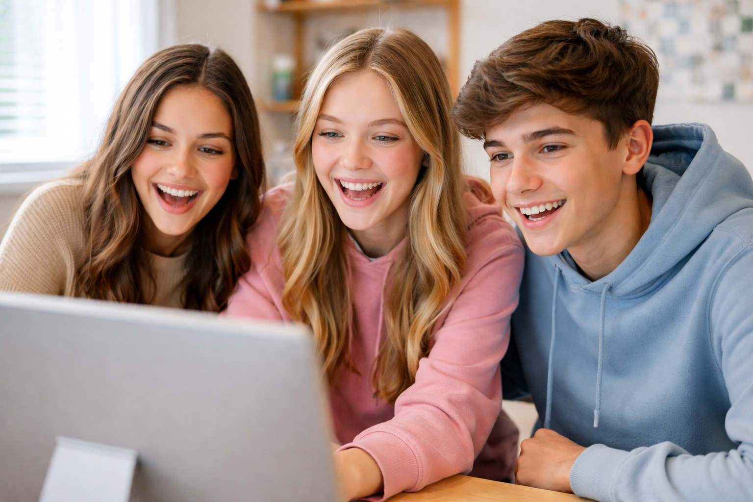 Troje-nastolatkow-siedzi-przy-komputerze-i-patrzy-na-ekran-z-usmiechem